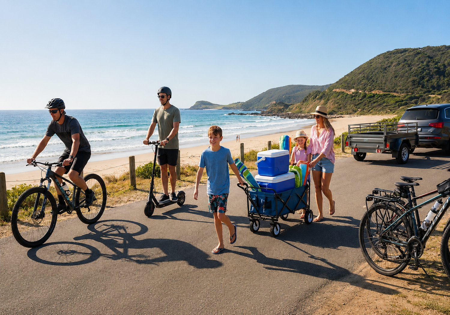 TrendLine & Co. Outdoor & Leisure collection featuring bikes, scooters, foldable utility wagons, bicycle trailers, chilly bins and outdoor recreation equipment.