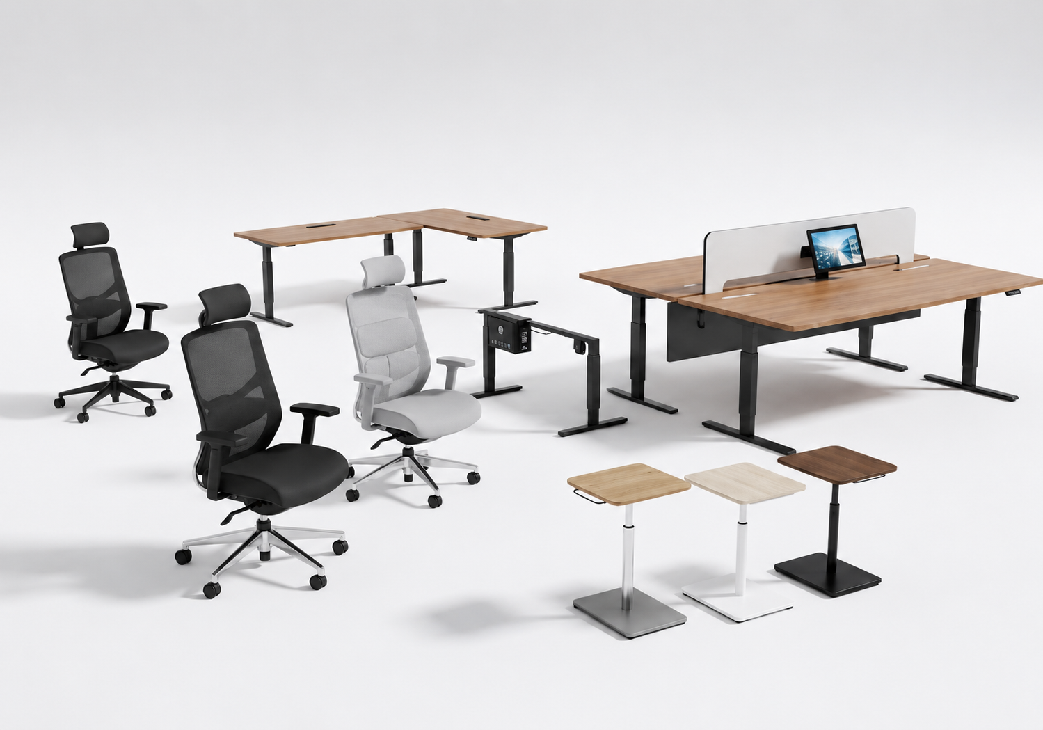 Office Furniture collection banner featuring ergonomic office chairs, height-adjustable standing desks and modern workspace furniture.