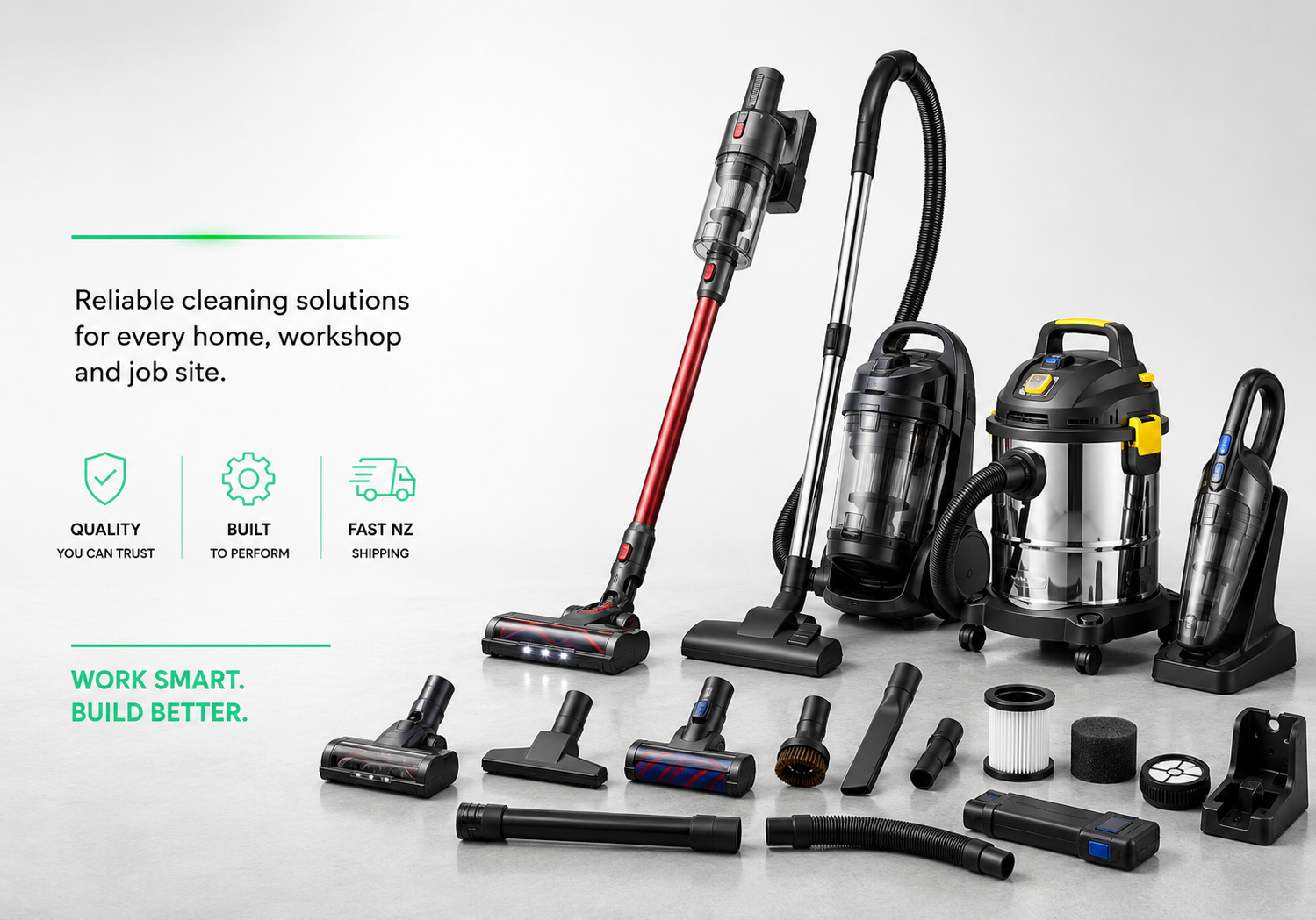 TrendLine & Co. Vacuums & Accessories collection featuring cordless, corded and wet & dry vacuum cleaners with replacement filters, floor heads and cleaning accessories.