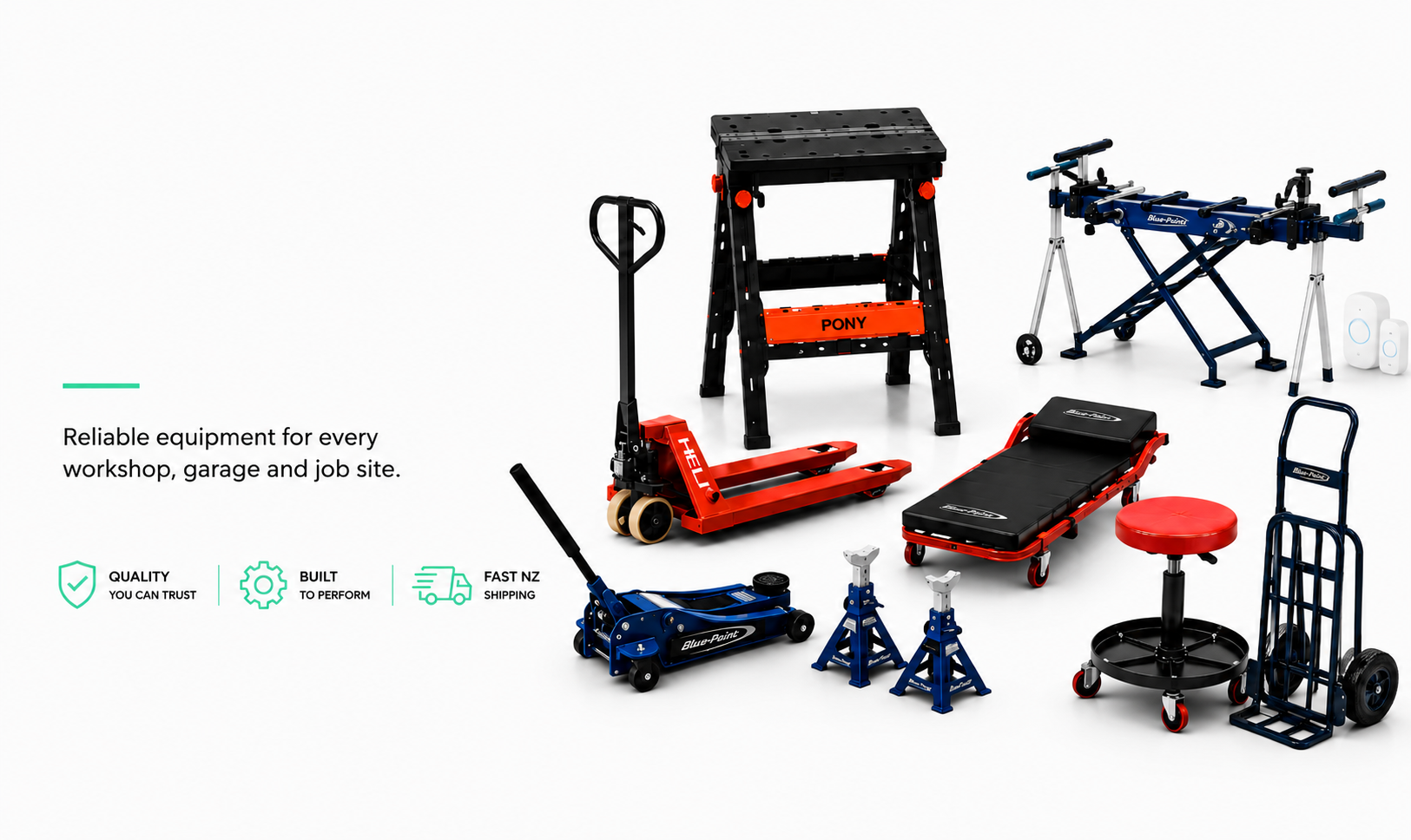 TrendLine & Co. Workshop Equipment collection featuring hydraulic jacks, workshop tables, mechanic creepers, garage equipment and material handling solutions.