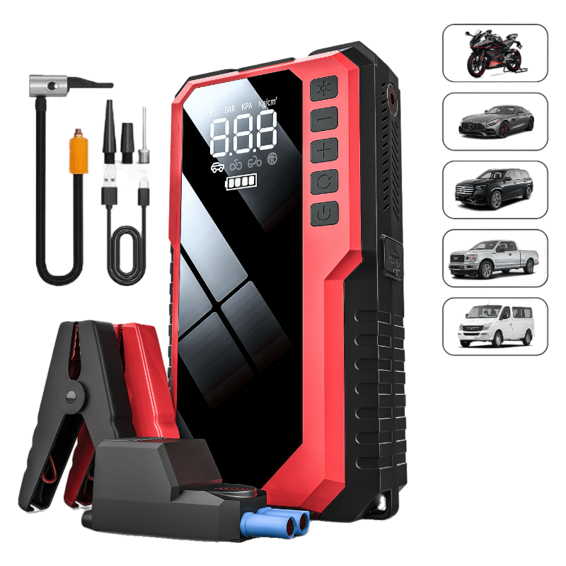 2 in 1 Portable Jump Starter and Tire Inflator 10000mAh 12v Red - TrendLine & Co.