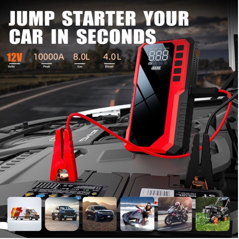 2 in 1 Portable Jump Starter and Tire Inflator 10000mAh 12v Red - TrendLine & Co.