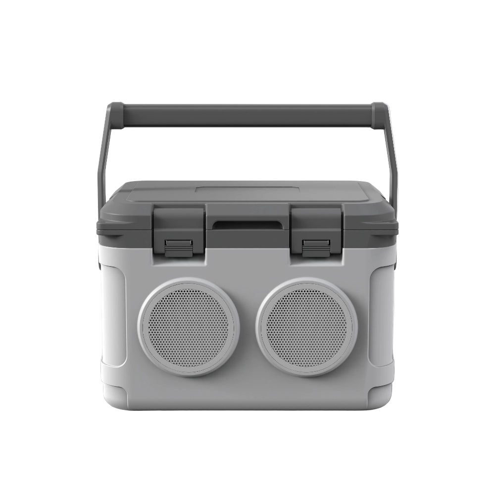 Titan SoundBox 21L Bluetooth speaker cooler in gray, front view with top carry handle"