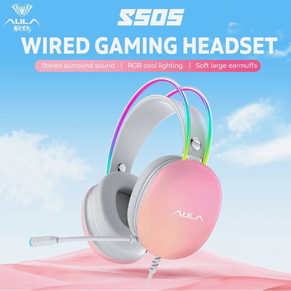 AULA S505 Wired Music Gaming Headset RGB Headband Earphone 360 Stereo Noise Canceling PINK