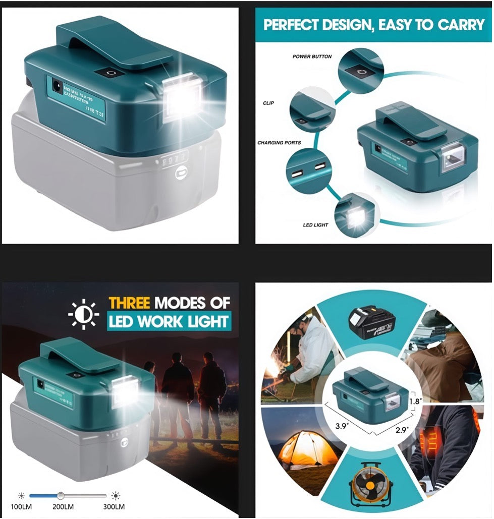 Compatible BOSCH 18V USB Power Charger LED Work Lights Adapter Flash light
