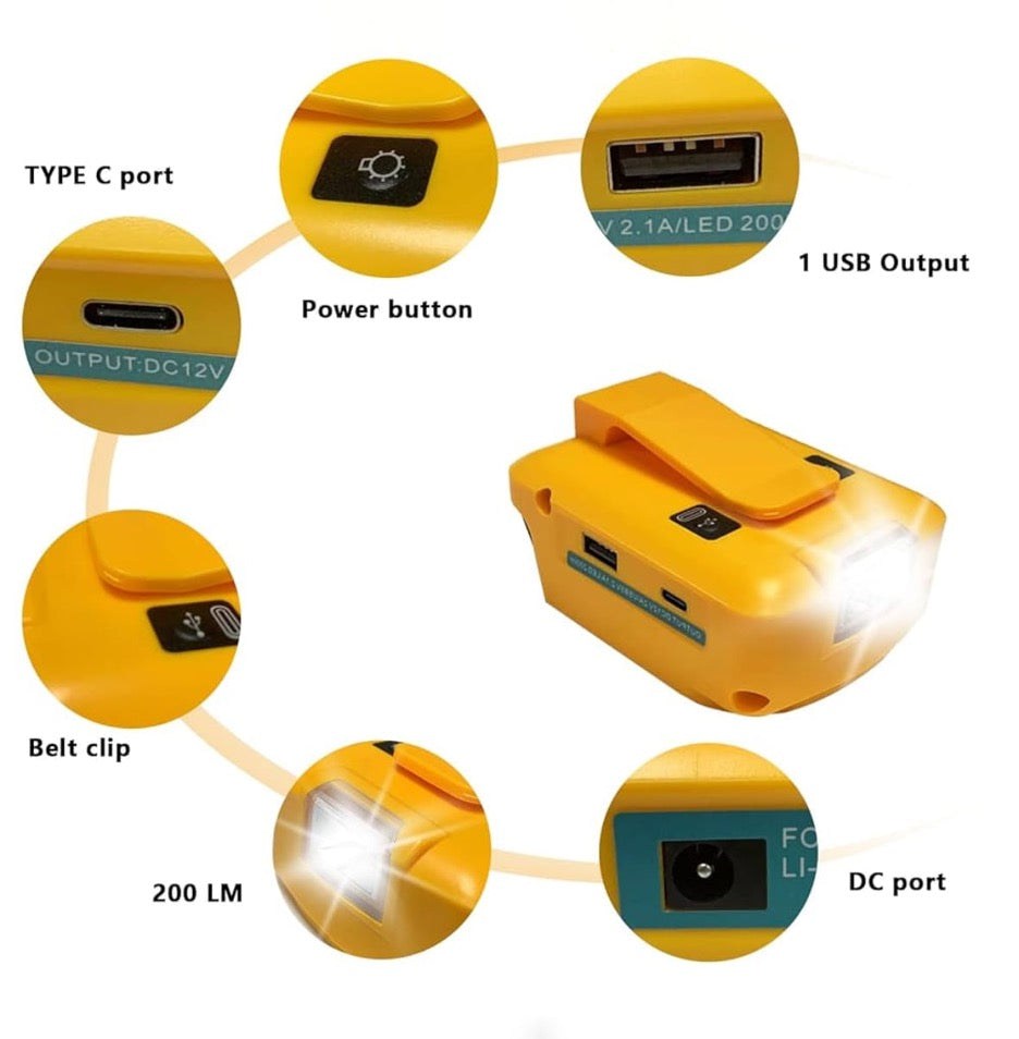Compatible Dewalt 18V/20V USB Power Charger LED Work Lights Adapter Flash light