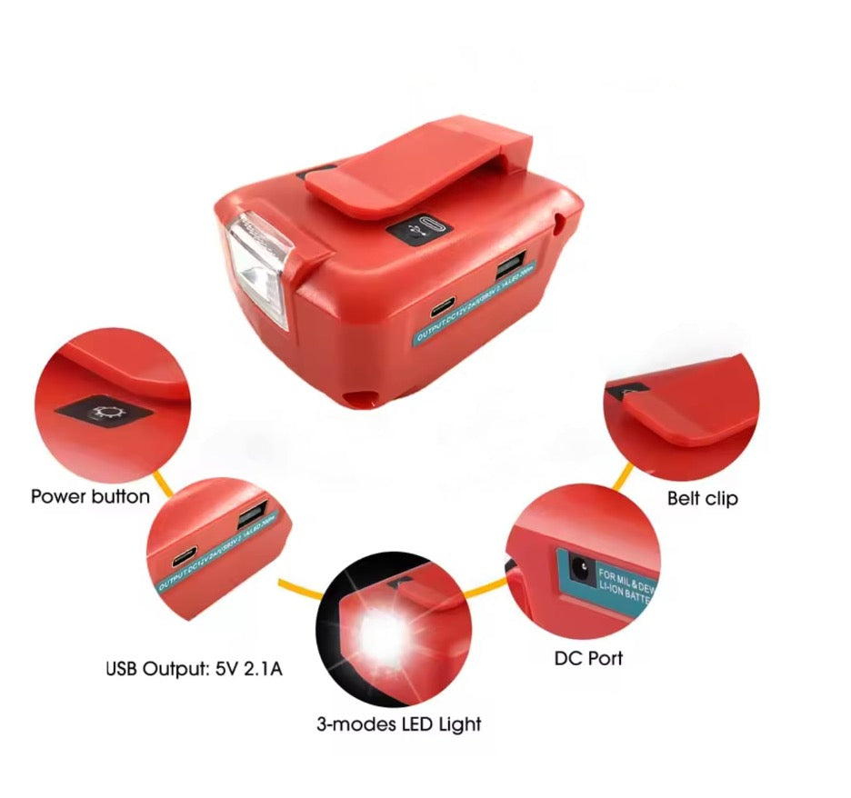 Compatible Milwaukee 18V USB Power Charger LED Work Lights Adapter Flash light