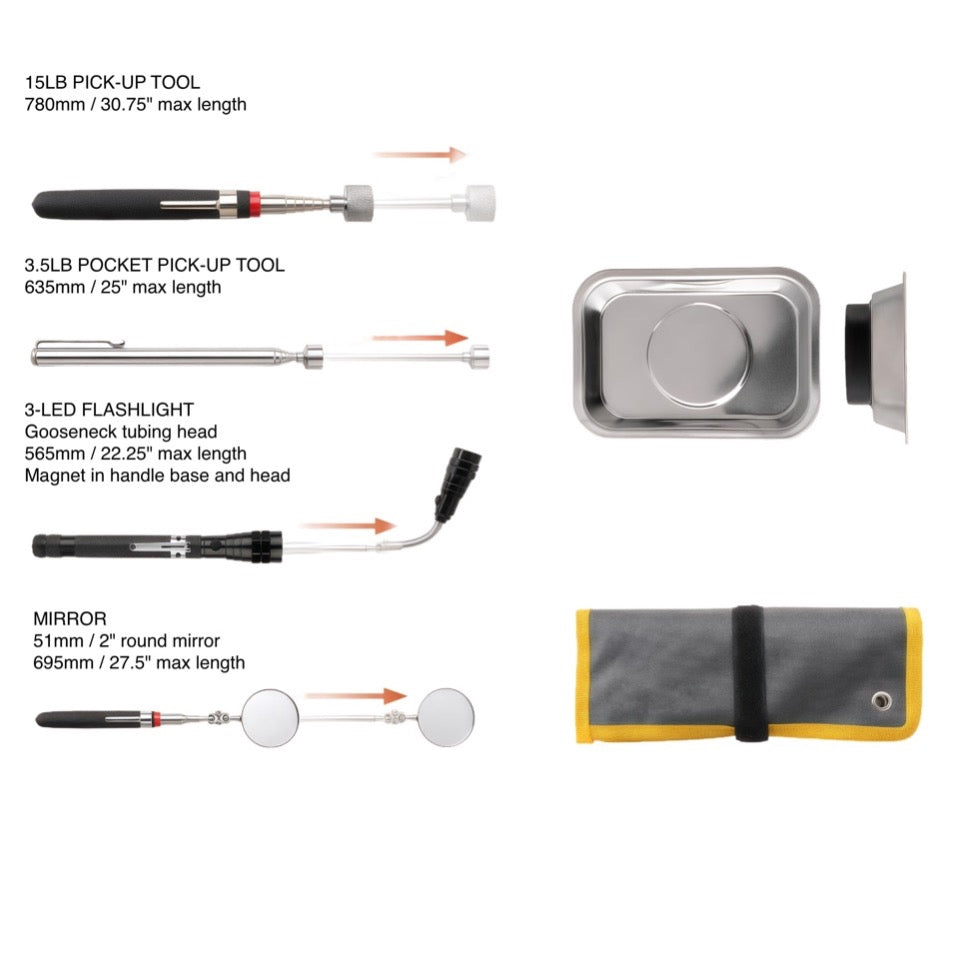 Pickup Tool Set with Extendable Flashlight and Inspection Mirror 5PC