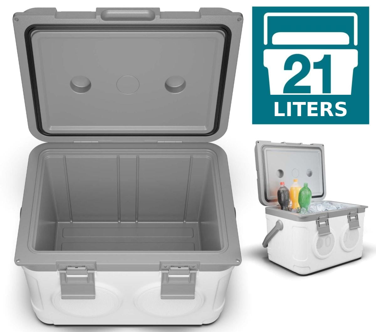 A 21-liter cooler shown open on a white background, with a smaller inset view on the right showing the cooler closed with drinks inside. A teal '21 LITERS' badge appears in the top right corner.