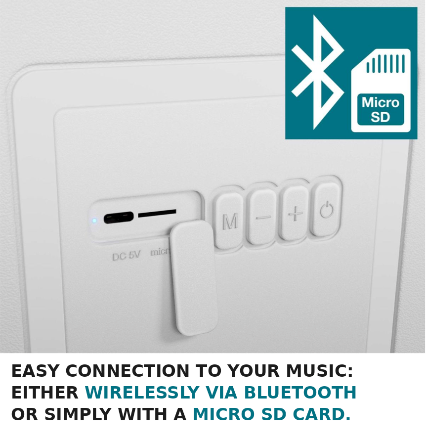 A close-up of a white electronic control panel with a slide switch, button controls, a USB port labeled DC 5V micro, and an inset graphic showing a Bluetooth symbol next to a Micro SD card. Text at the bottom reads: 'EASY CONNECTION TO YOUR MUSIC: EITHER WIRELESSLY VIA BLUETOOTH OR SIMPLY WITH A MICRO SD CARD.