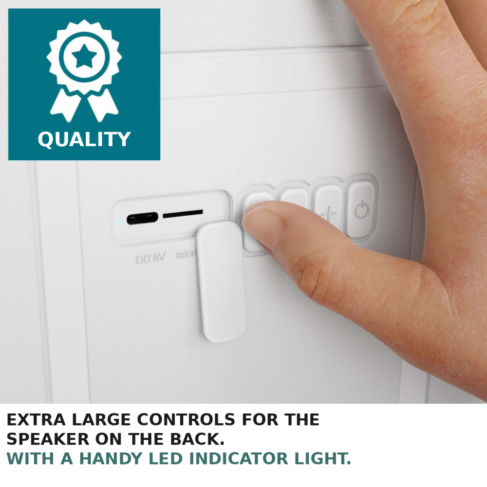 Close-up of a hand pressing white control buttons on the back of a white electronic device, with a teal quality badge and text reading 'EXTRA LARGE CONTROLS FOR THE SPEAKER ON THE BACK. WITH A HANDY LED INDICATOR LIGHT.