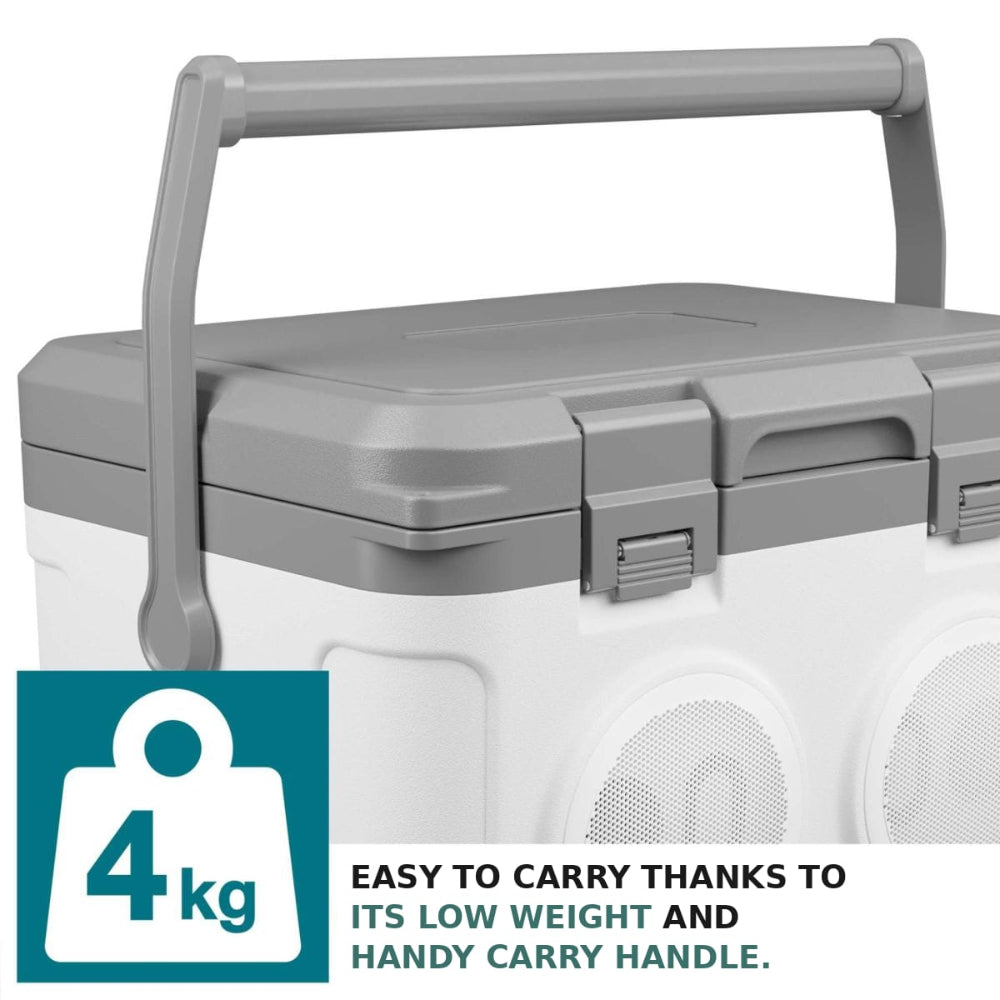 A white and gray cooler with a gray carry handle, shown on a white background with a teal '4 kg' weight badge and text stating 'EASY TO CARRY THANKS TO ITS LOW WEIGHT AND HANDY CARRY HANDLE.'.