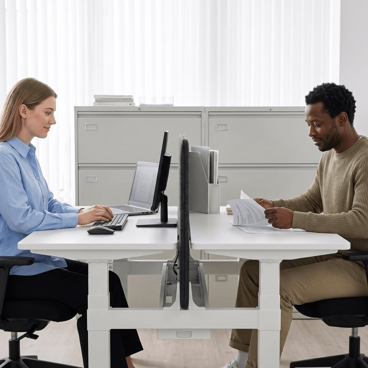 Adjustable Workstation- Dual Desk with Smart Control & Divider Screen 1200x 600 x18mm - TrendLine & Co.
