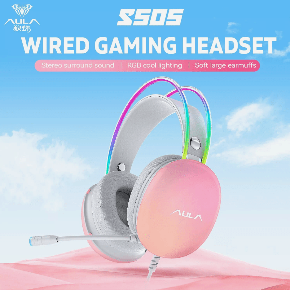 AULA S505 Wired Music Gaming Headset RGB Headband Earphone 360 Stereo Noise Canceling PINK - TrendLine & Co.