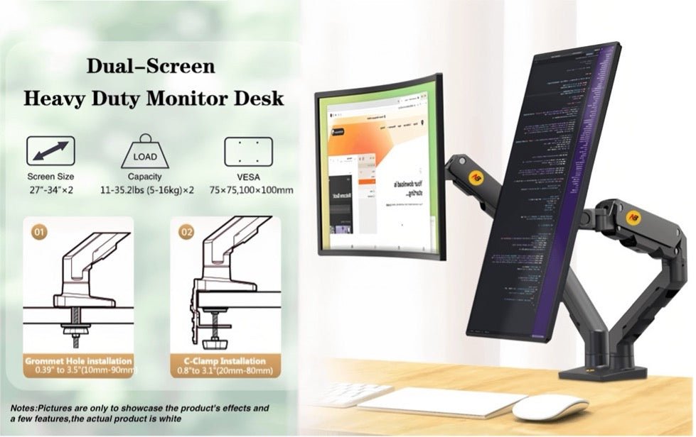 NB G55 Heavy Duty Dual Monitor Arm for 27-34” Screens, Monitor Mount Load Max 16 kg VESA 75/100 mm WHITE - TrendLine & Co.