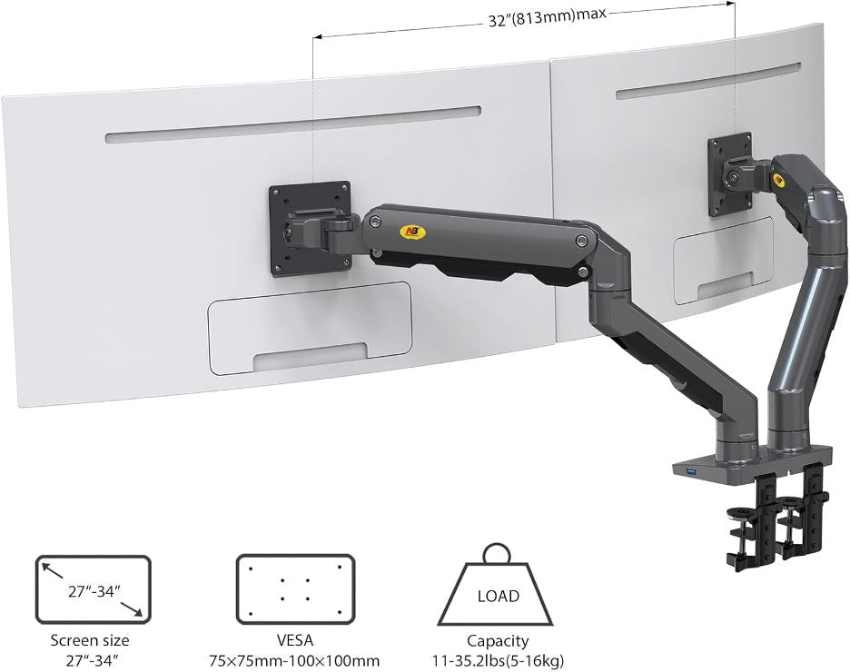 NB North Bayou G65 heavy-duty dual monitor arm desk mount for 27-34 Inches Computer Screens BLACK - TrendLine & Co.